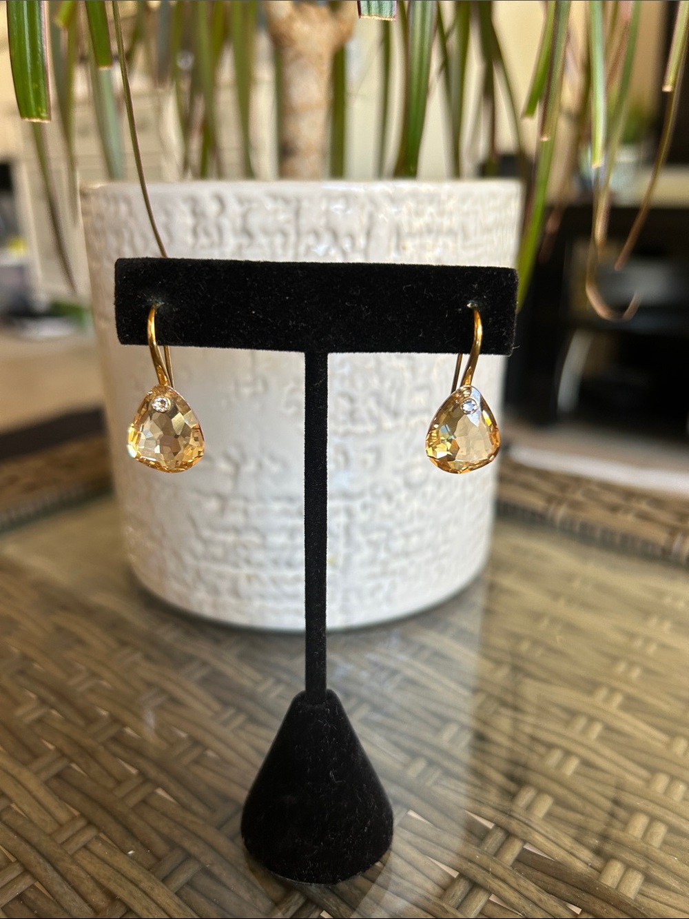 Gold Teardrop Citrine-Colored Dangle Earrings